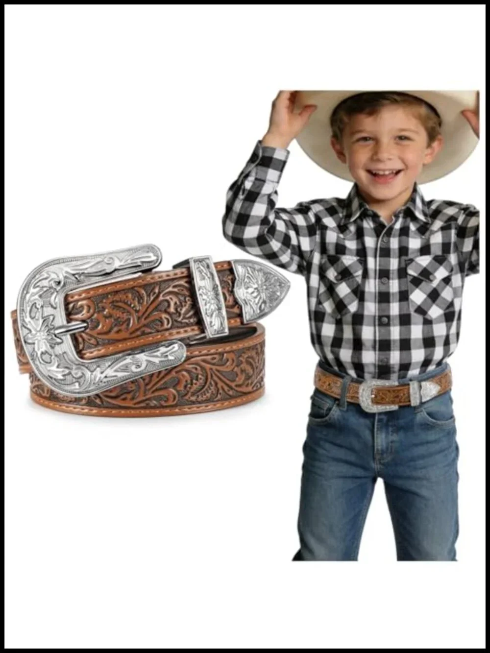 Kids Western Leather Belt with Floral Buckle, Adjustable Cowboy Belt for Boys &